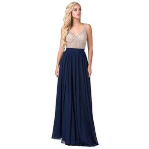 Navy Beaded-Bodice Long Chiffon Formal Dress